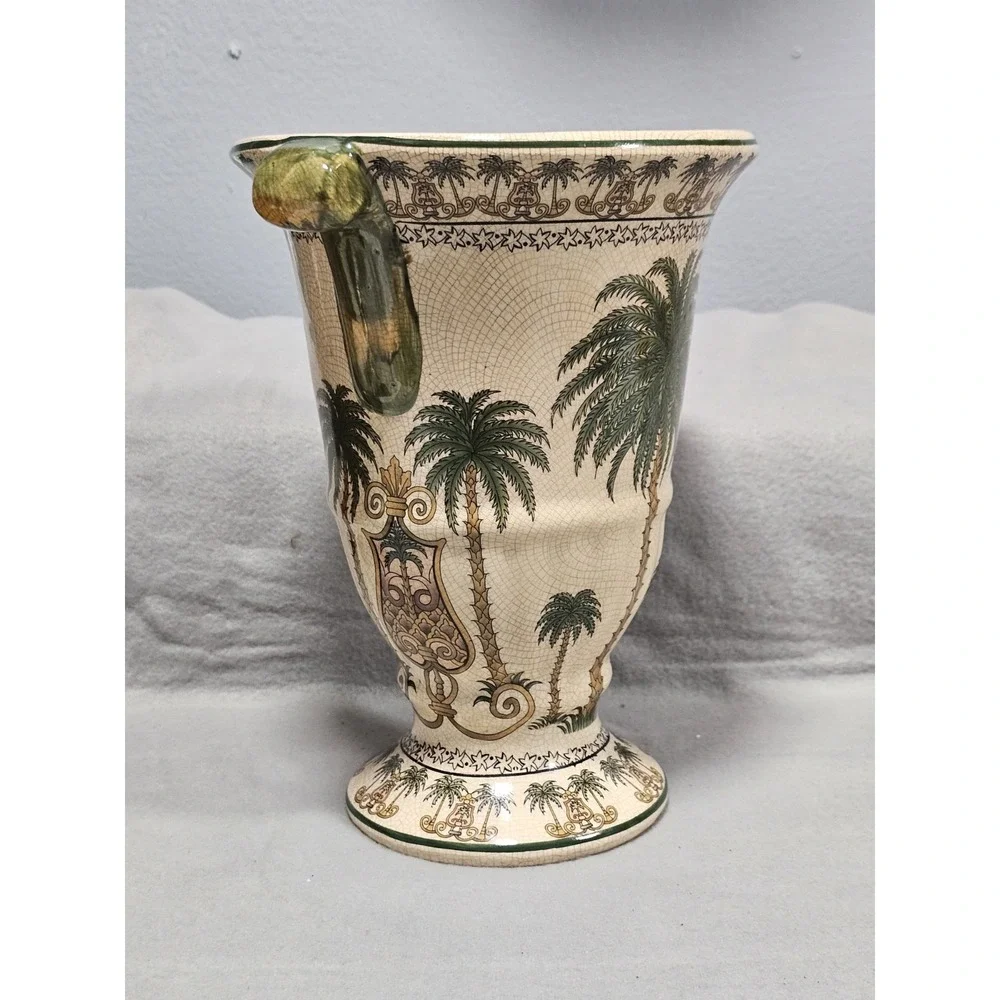Vintage Tropical Palm Tree Ceramic Vase Crackle Glaze Urn Green Scrolled Handles